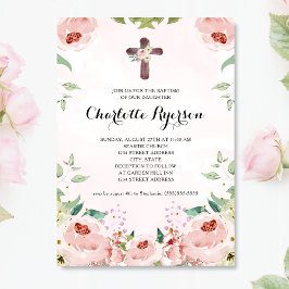 Invitación Elegante bautismo floral rosa rosa de Rubor
