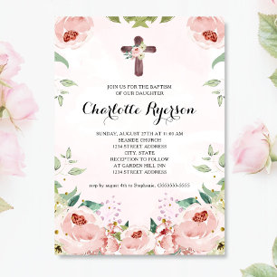 Invitación Elegante bautismo floral rosa rosa de Rubor
