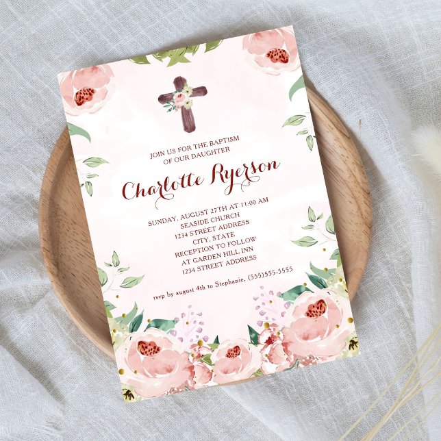Invitación Elegante bautismo floral rosa rosa de Rubor (Subido por el creador)
