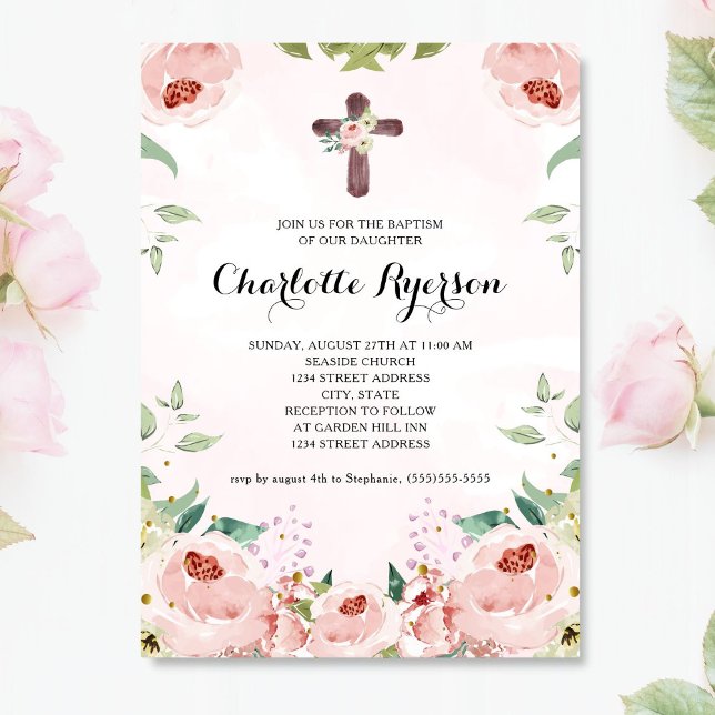 Invitación Elegante bautismo floral rosa rosa de Rubor (Subido por el creador)