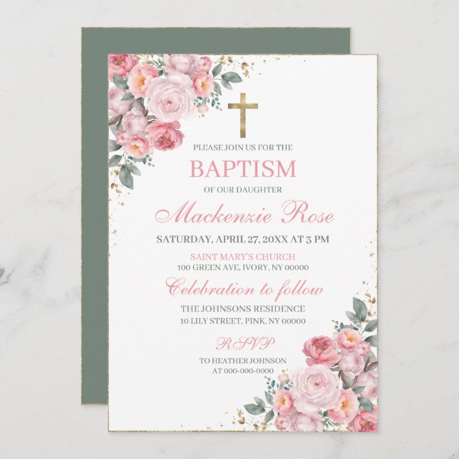 Invitación Elegante bautismo floral rosa y dorado de Rubor (Anverso / Reverso)