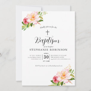 Invitación Elegante bautismo floral rosado moderno