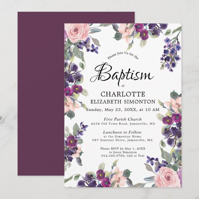 Invitación Elegante bautismo floral rosado púrpura (Anverso / Reverso)
