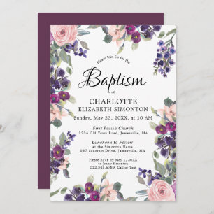 Invitación Elegante bautismo floral rosado púrpura