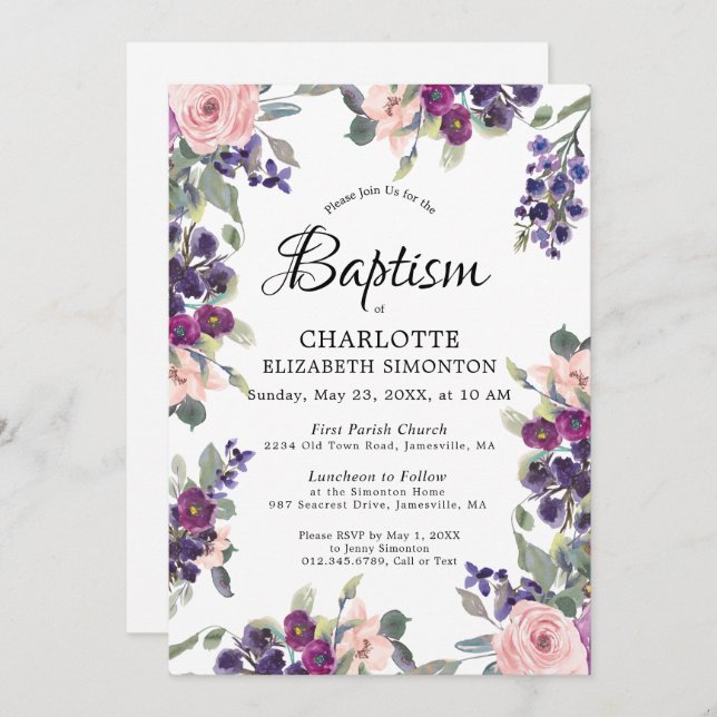 Invitación Elegante bautismo floral rosado púrpura (Anverso / Reverso)