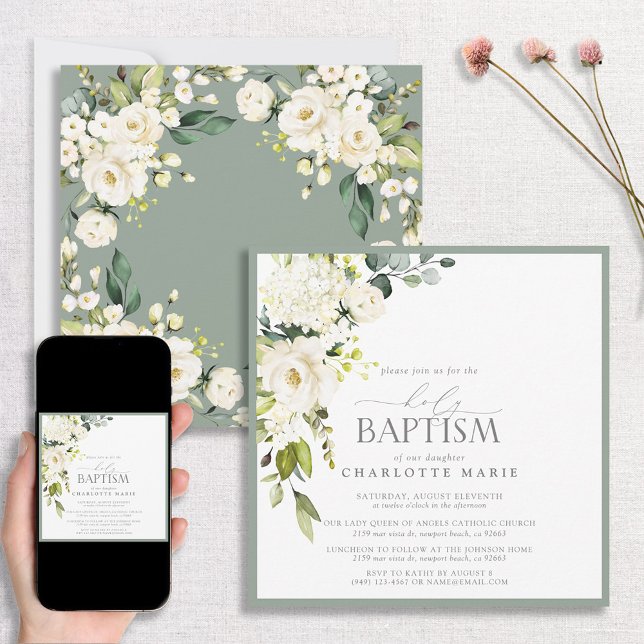 Invitación Elegante Bautismo Floral Sage Green Watercolor (Subido por el creador)