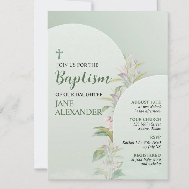Invitación Elegante bautismo floral verde pastel (Subido por el creador)