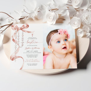 Invitación Elegante Bautismo Fotográfico Mocha Bow & Rosary