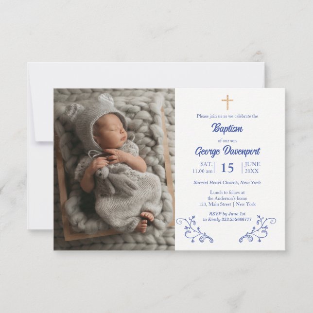 Invitación Elegante Bautismo francés Azul Religioso (Anverso)