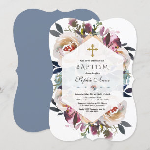 Invitación Elegante Bautismo Geométrico Floral Azul Polvorien