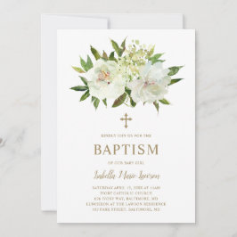 Invitación Elegante bautismo moderno floral blanco dorado