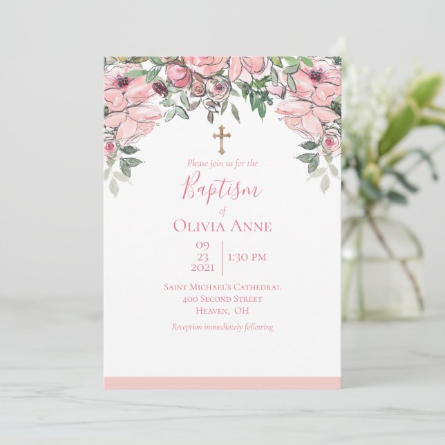 Invitación Elegante Bautismo Nombre Floral Rosa (Anverso de pie)