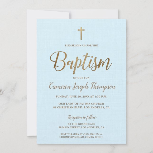 Invitación Elegante Bautismo Personalizado Azul cruzado de or (Anverso)