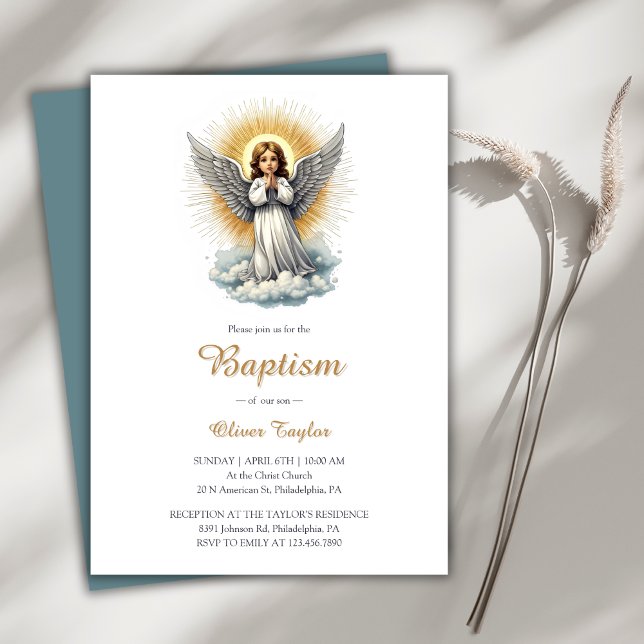 Invitación Elegante bautismo religioso cristiano Ángel blanco (Elegant White Angel Religious Christian Baptism Invitation)