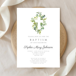 Invitación Elegante bautismo religioso cruzado botánico