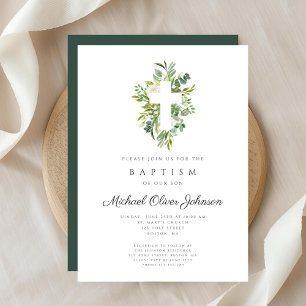 Invitación Elegante bautismo religioso cruzado botánico