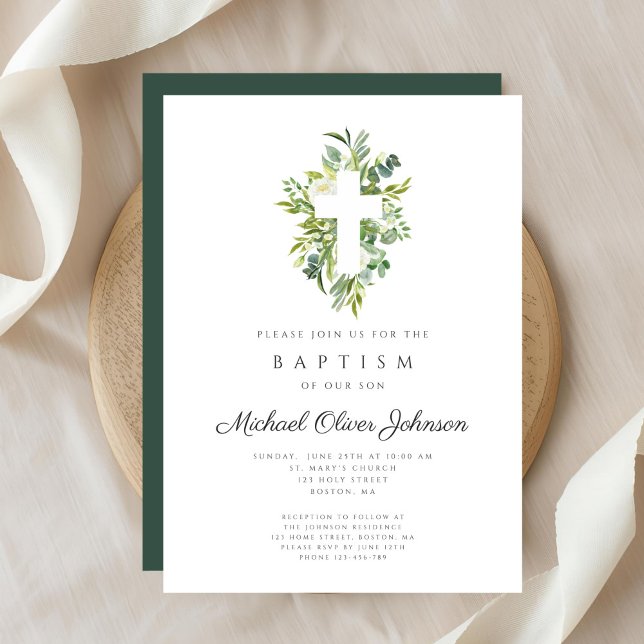 Invitación Elegante bautismo religioso cruzado botánico (Elegant Religious Cross Botanical Baptism Invitation)