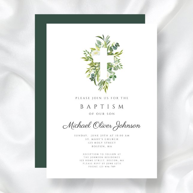 Invitación Elegante bautismo religioso cruzado botánico (Elegant Religious Cross Botanical Baptism Invitation)