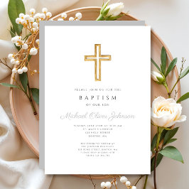 Invitación Elegante bautismo religioso cruzado guiño gris
