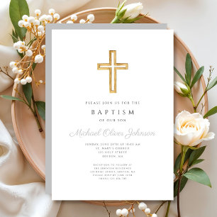 Invitación Elegante bautismo religioso cruzado guiño gris