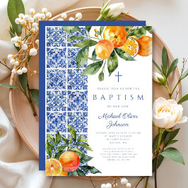 Invitación Elegante bautismo religioso cruzando azulejos azul
