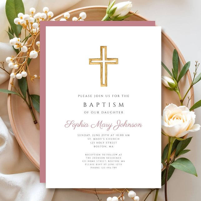 Invitación Elegante bautismo religioso de cruces Chicas (Religious Cross Dusty Rose Pink Girl Baptism Invitation)