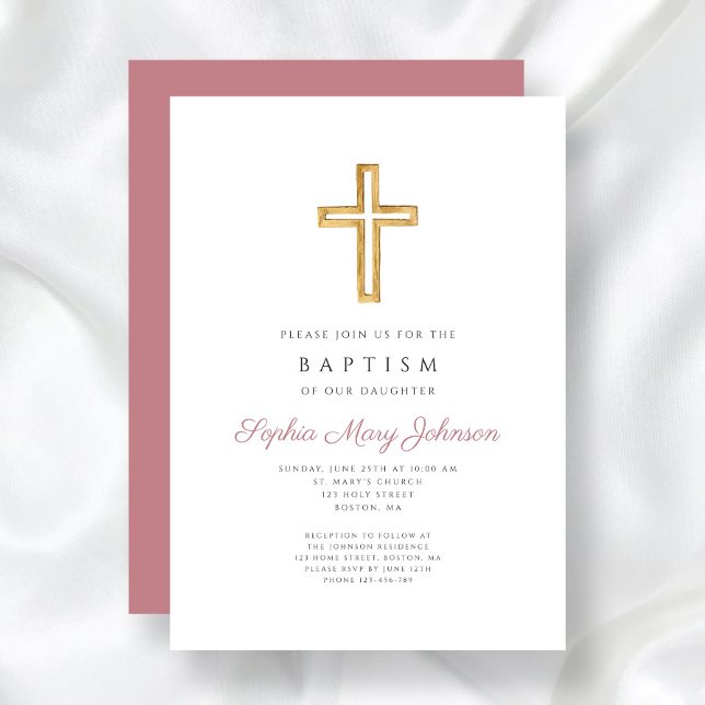 Invitación Elegante bautismo religioso de cruces Chicas (Religious Cross Dusty Rose Pink Girl Baptism Invitation)