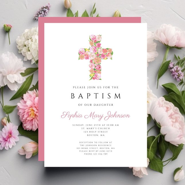 Invitación Elegante Bautismo Religioso de Cruz Floral Rosa (Elegant Religious Pink Floral Cross Baptism Invitation)