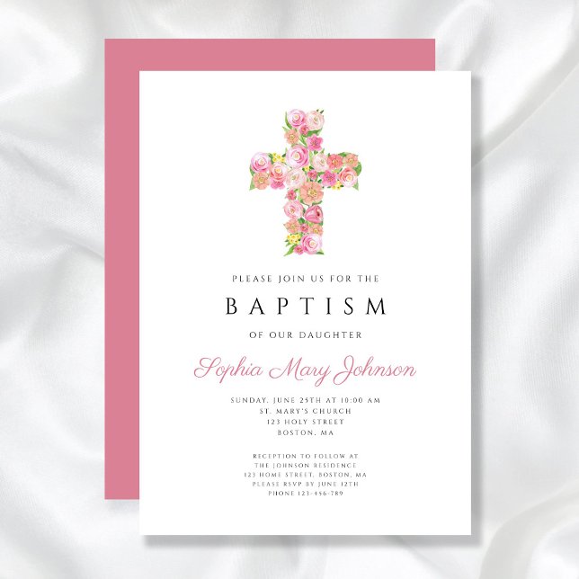 Invitación Elegante Bautismo Religioso de Cruz Floral Rosa (Elegant Religious Pink Floral Cross Baptism Invitation)