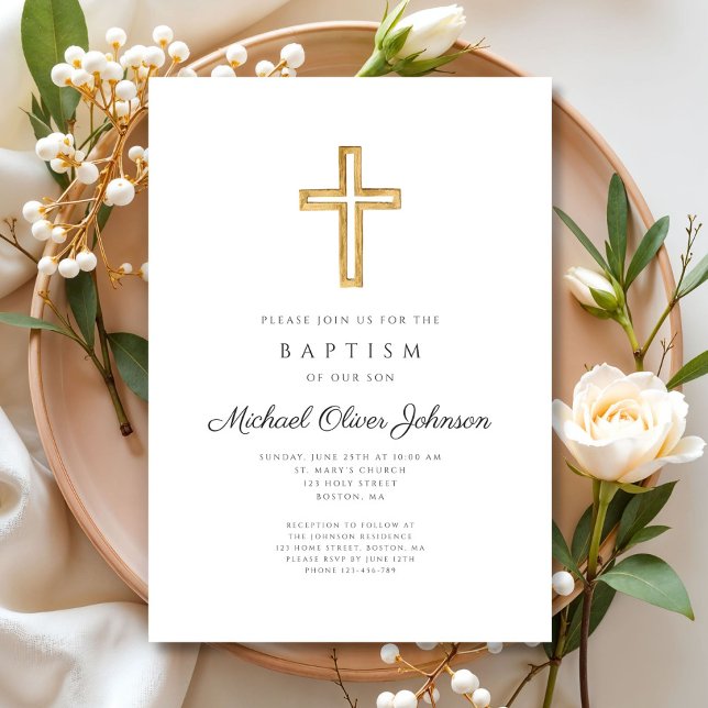 Invitación Elegante bautismo religioso de travesía (Elegant Religious Cross Script Boy Baptism Invitation)