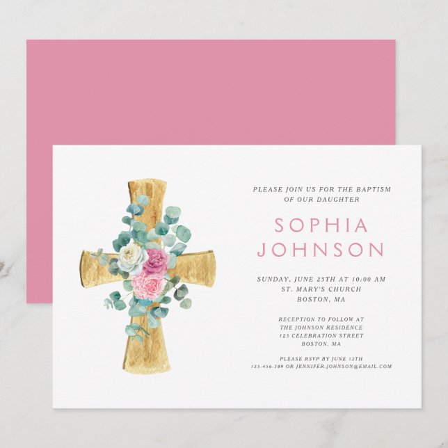 Invitación Elegante bautismo religioso floral cruzado Chica (Anverso / Reverso)