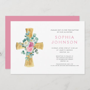 Invitación Elegante bautismo religioso floral cruzado Chica