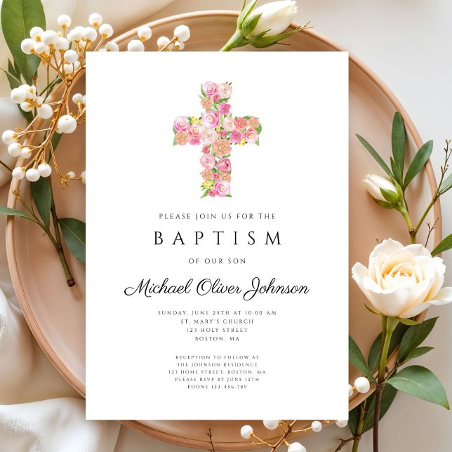 Invitación Elegante bautismo religioso floral rosa cruzado (Elegant Religious Floral Pink Cross Baptism Invitation)