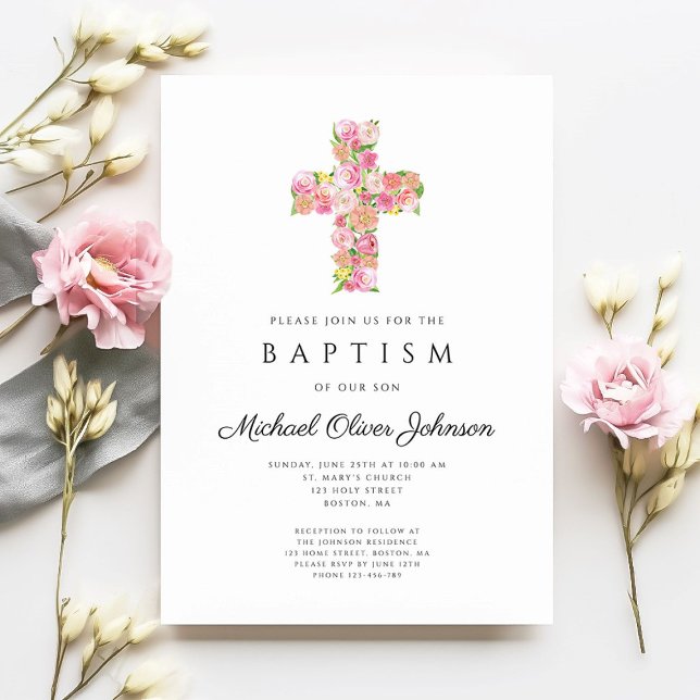 Invitación Elegante bautismo religioso floral rosa cruzado (Elegant Religious Floral Pink Cross Baptism Invitation)