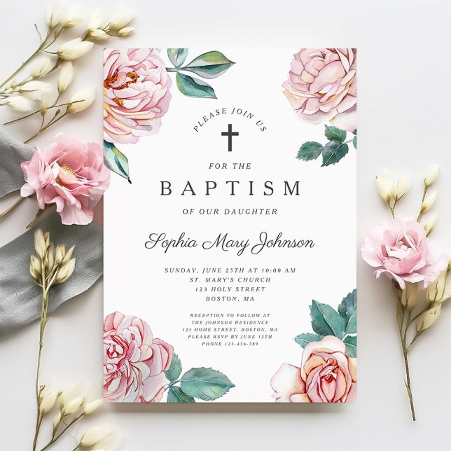 Invitación Elegante bautismo religioso floral rosado (Elegant Floral Peonies Religious Cross Baptism Invitation)
