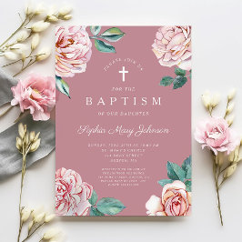 Invitación Elegante bautismo religioso floral rosado Chica