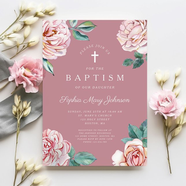 Invitación Elegante bautismo religioso floral rosado Chica (Religious Cross Dusty Pink Peonies Girl Baptism Invitation)