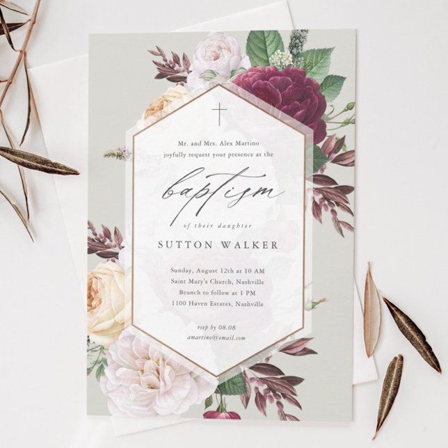 Invitación Elegante bautismo religioso floral y cristianismo (Modern floral script baptism invitation with hand painted botanical foliage and minimal cross.)