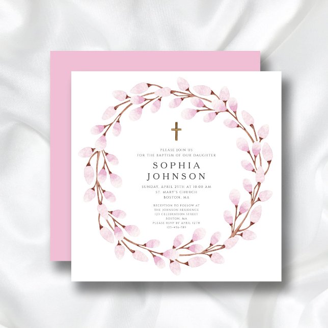 Invitación Elegante Bautismo Religioso Rosa (Elegant Pink Religious Cross Baptism Invitation)