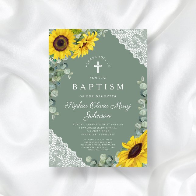 Invitación Elegante Bautismo Religioso Sage Green Floral (Elegant Sage Green Floral Religious Baptism Invitation)