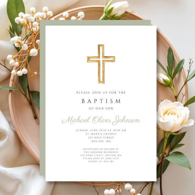 Invitación Elegante Bautismo Religioso Verde Masaje (Sage Green Religious Wood Cross Baptism Invitation)