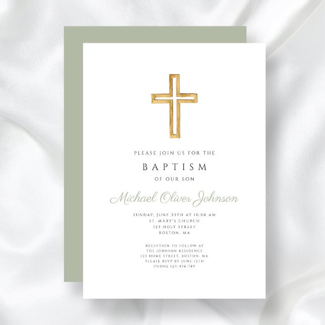 Invitación Elegante Bautismo Religioso Verde Masaje (Sage Green Religious Wood Cross Baptism Invitation)