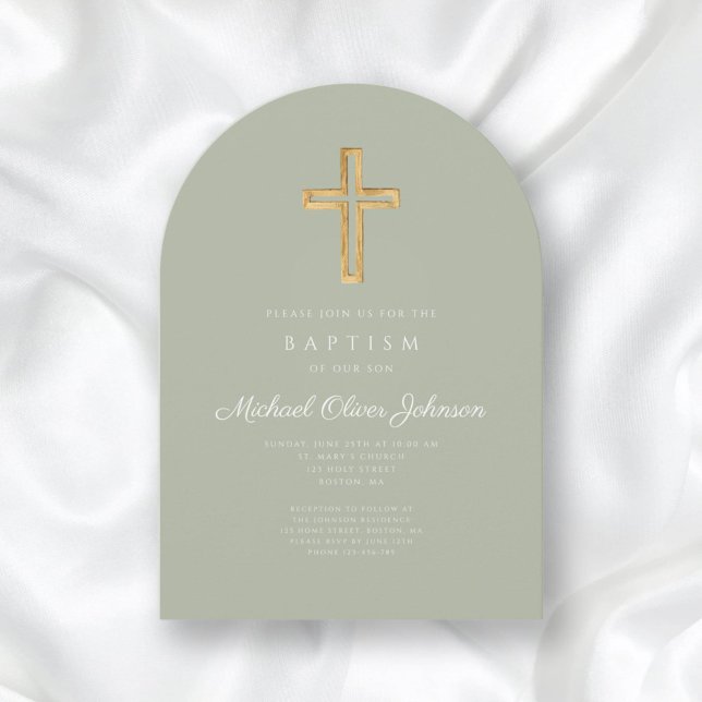 Invitación Elegante Bautismo Religioso Verde Masaje (Elegant Sage Green Religious Cross Baptism Invitation)