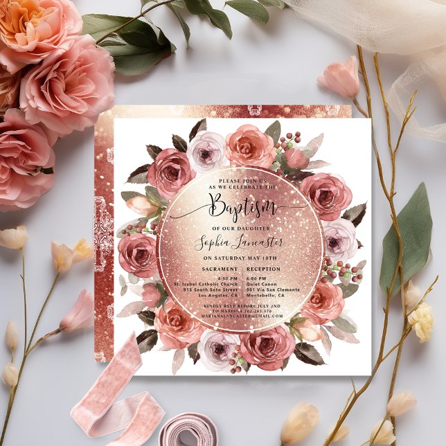Invitación Elegante bautismo Rosa floral de oro (Subido por el creador)