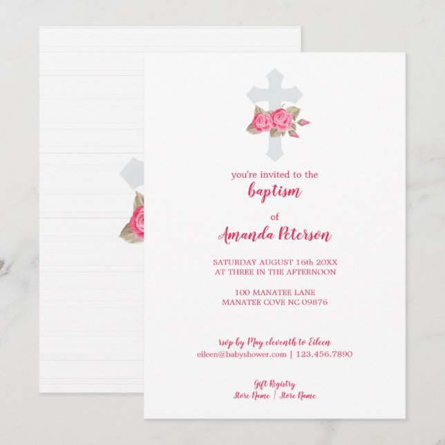 Invitación Elegante bautismo rosa y blanco