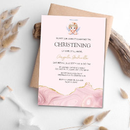 Invitación Elegante bautismo rosa y oro Angel y cristiandad e