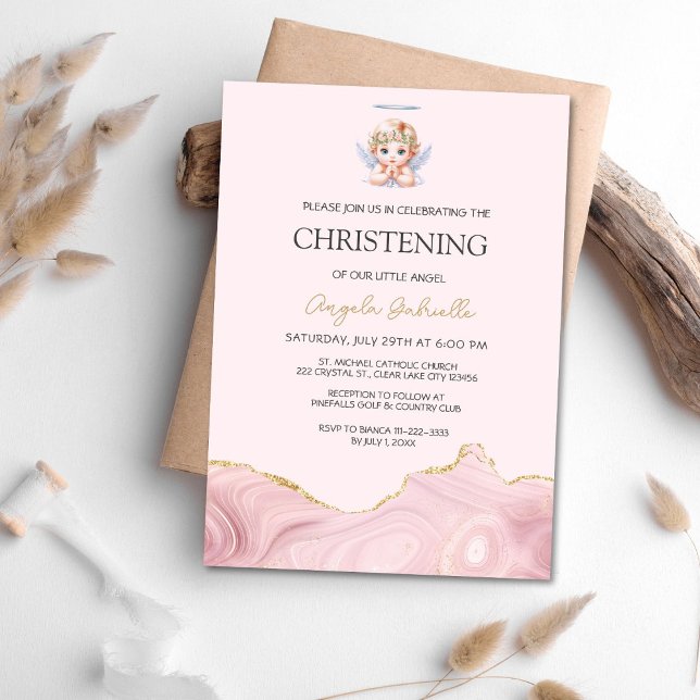Invitación Elegante bautismo rosa y oro Angel y cristiandad e (Subido por el creador)