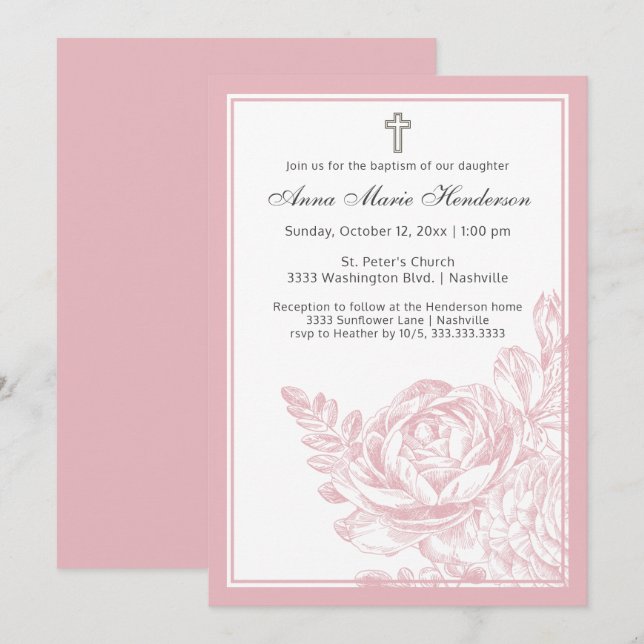 Invitación Elegante Bautismo Rubor Línea Rosa Dibujar Floral (Anverso / Reverso)