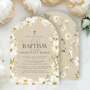 Invitación Elegante Bautismo Sagrado Cruce Floral Acuarela Da