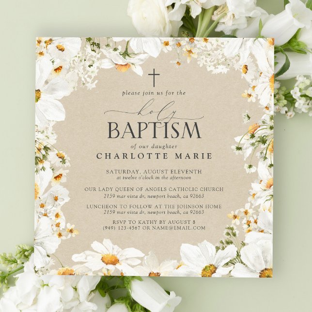 Invitación Elegante Bautismo Sagrado Cruce Floral Acuarela Da (Holy Baptism Invitations!)